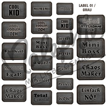 Bügelbildbogen * Label GRAU 01  * 15x15cm