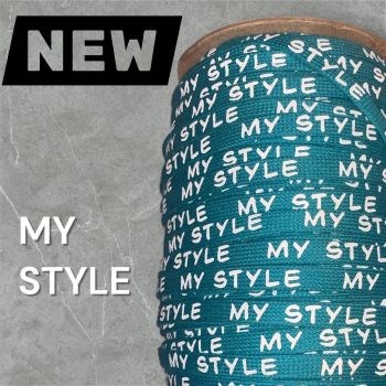 1 Meter * Flachkordel mit 3D-Druck - MY STYLE - petrol / weiß