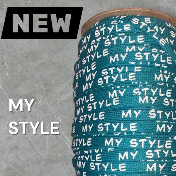 1 Meter * Flachkordel mit 3D-Druck - MY STYLE - petrol / weiß
